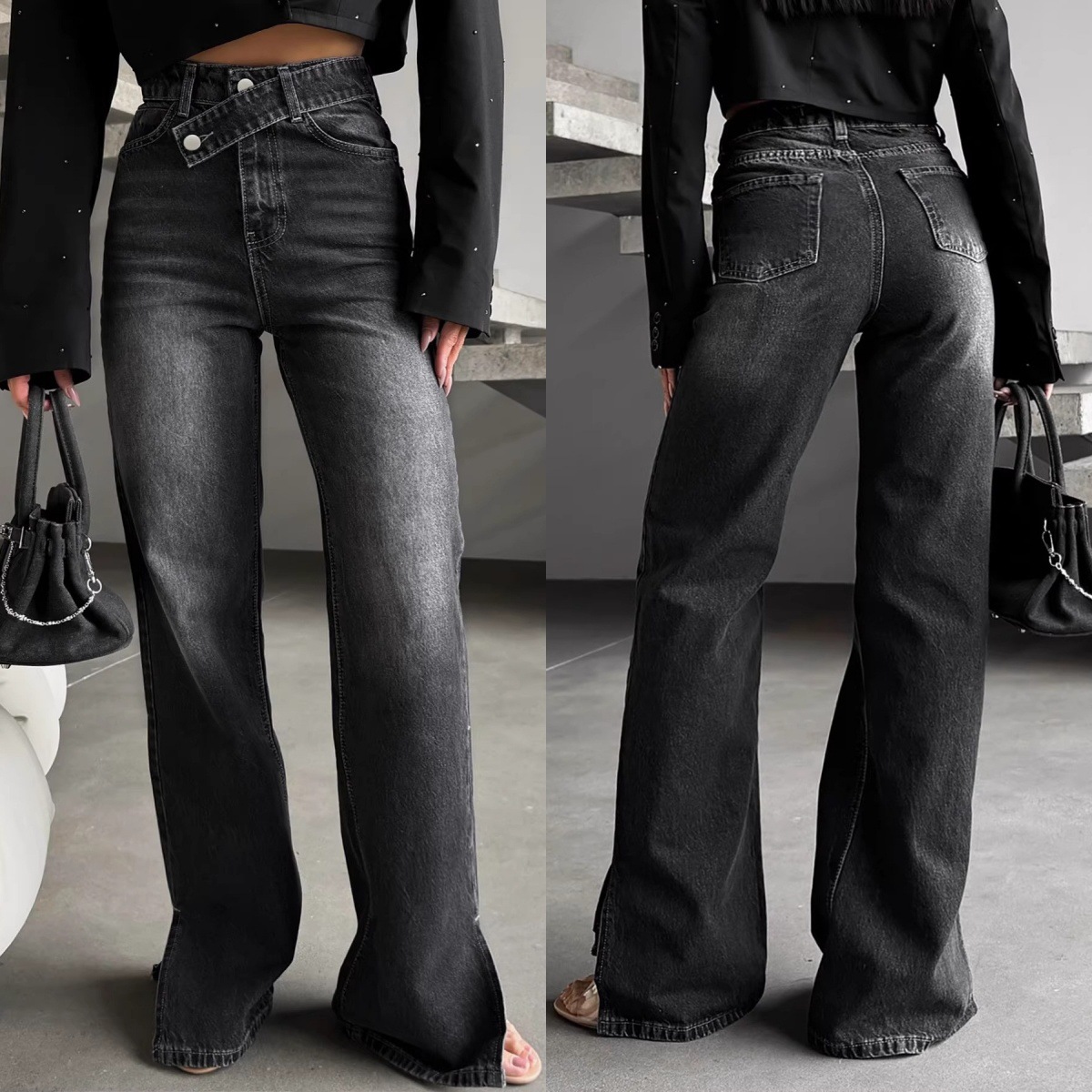 Tk2026 European and American Cross-Border New Style Women's Black Denim Straight-Leg Pants with Diagonal Waistband and Elastic Washed Fabric with Slit at the Hem