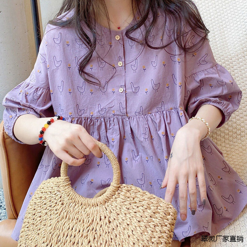 Doll Shirt Top 2024 Summer Korean Loose Sweet Cute Puffy Lantern Sleeve Floral Cotton Linen Lining Cui Wei