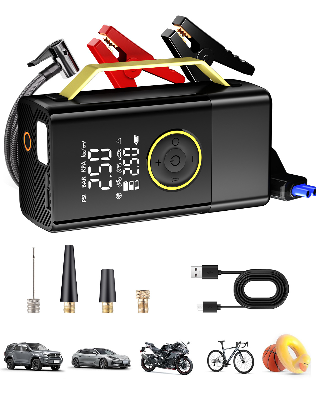 Intelligent digital display car wireless air pump all-in-one device with power bank, portable lighting, and car backup power source