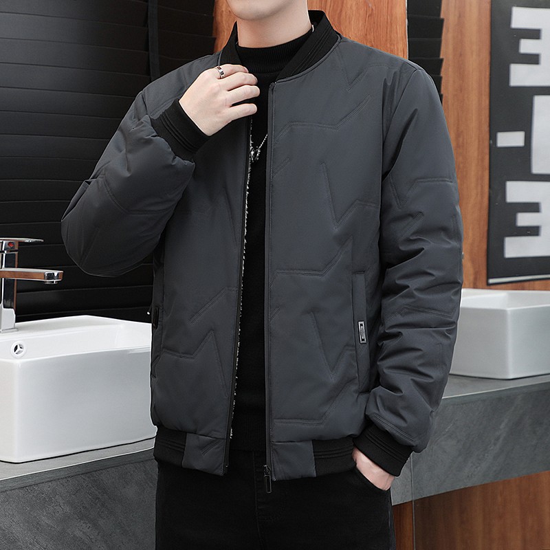 Cashmere cotton-padded coat men's winter and autumn fleece-lined thickened jacket Korean style Youth fit baseball collar solid color simple coat