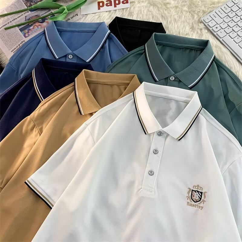 夏季新款短袖男潮流商务翻领POLO衫痞帅男士五分袖T恤上衣ins