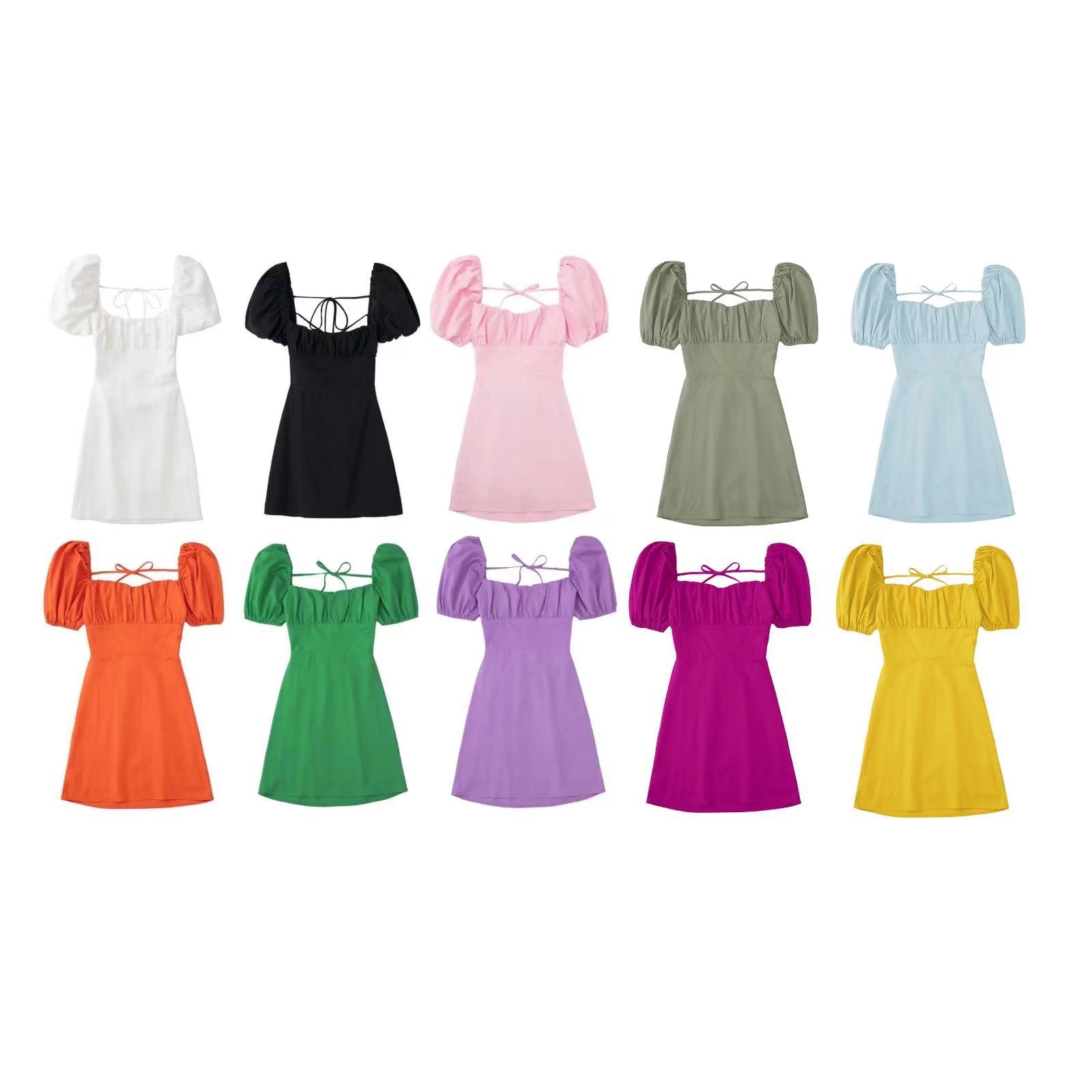 364g Weight Short Mini Dress Dress Length Type Short Sleeve Sleeve Length Princess Dress Dresses Type Puff Sleeve Sleeve Type Cotton Blend Fabric Type Mid Waist Waist Line Holiday, Daily Occasion Square Neck Neckline Slim Fit Type Solid Color Pattern Summer Season Women's Gender Elegant, Streetwear Style Black Color 6562 Spring New Women's Clothing European And American Square Collar Pure Color All-Matching Puff Sleeve Back Lace-up Backless Dress Short Skirt 无