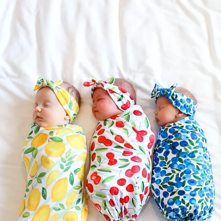 European and American Baby Wrapping Towel Fruit Printing Newborn Rabbit Ears Hair Belt Wrapping Blanket Set Baby Swaddling Quilt