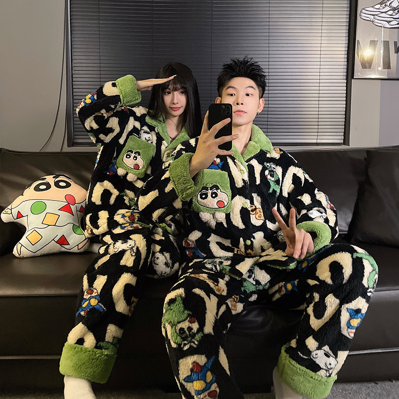 Coral Fleece Crayon Shin New Couple's Pajamas Women's Autumn and Winter Thickened fleece-lined Flannel Warm Men's Home Clothes Coral Fleece Crayon Shin New Couple's Pajamas Women's Autumn and Winter Thickened fleece-lined Flannel Warm Men's Home Clothes