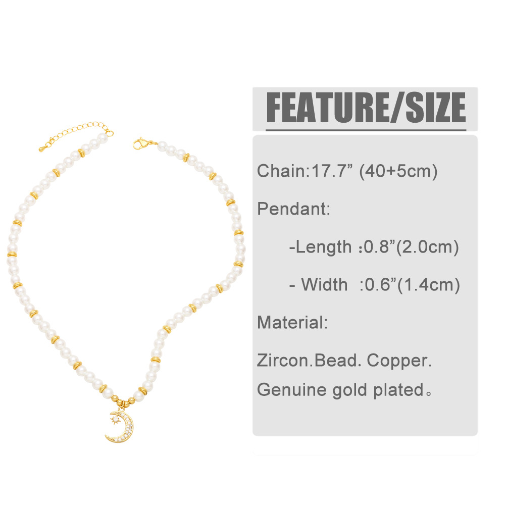 Fashion Moon Heart Shape Copper Pendant Necklace Pearl Inlay Zircon Copper Necklaces