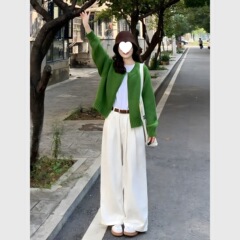 早秋穿搭套装女小香风好看独特漂亮慵懒绿色针织开衫阔腿裤两件套