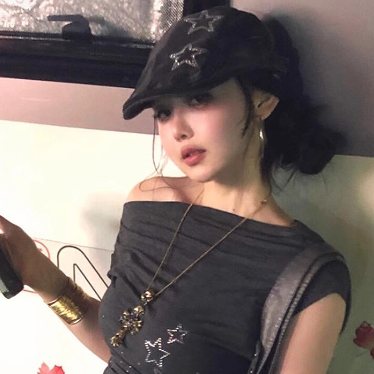 Black Denim Forward For Women, Spring And Autumn American Retro Duckbill Cap, Y2K Hot Girl Painter Newsboy Cap_voghion.com