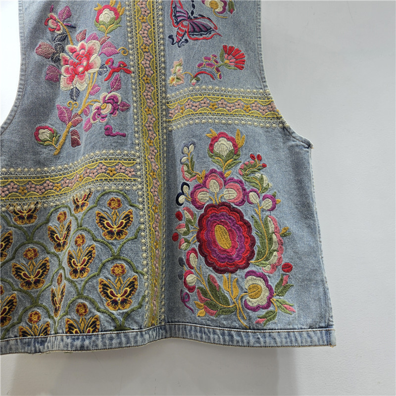 Retro bordado chaleco de vaqueros de flores de primavera y verano de mujeres nuevo chaleco suelto 2026 nuevo chaqueta de hombro de estilo chino de moda