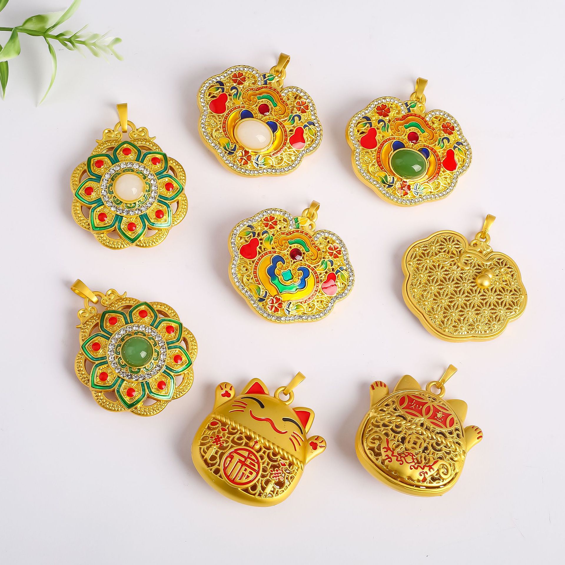 古法金镶嵌玉石八宝福莲挂件 招财猫吊坠DIY项链毛衣链饰品配件批