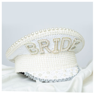 Cross-Border European and American White Sequined Imitation Pearl Letter Flat Hat Holiday Wedding Birthday Performance Bridal Hat Navy Hat