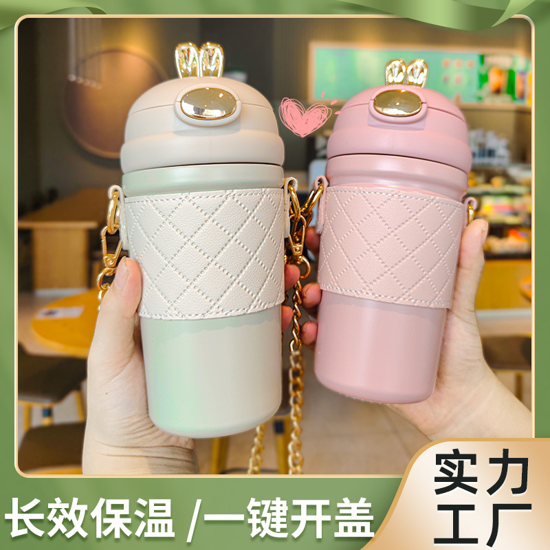 Moda lindo conejo de acero inoxidable ventosa rebote paja taza niños regalo taza portátil estudiante taza de agua al por mayor