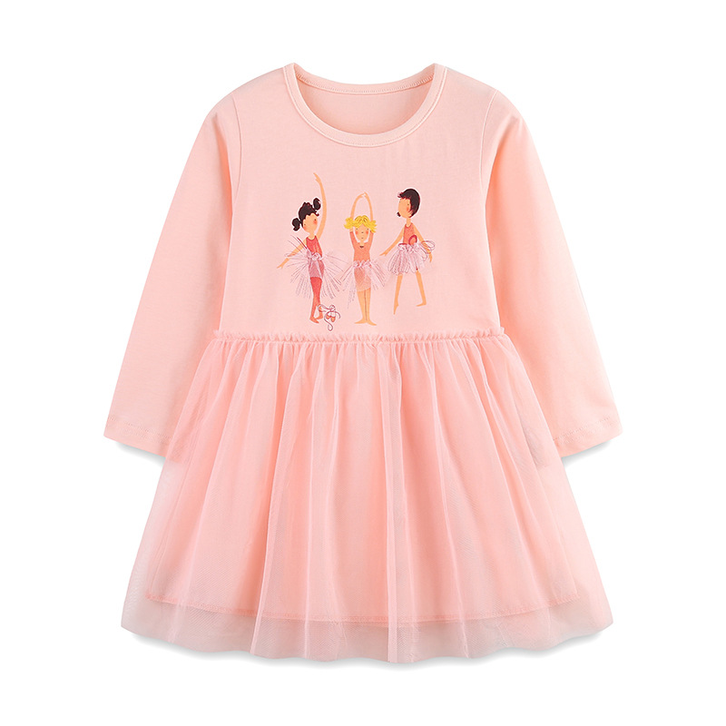 Vestido de niña de estilo europeo y americano otoño nuevo vestido de princesa infantil de algodón de punto de cuello redondo malla falda de manga larga