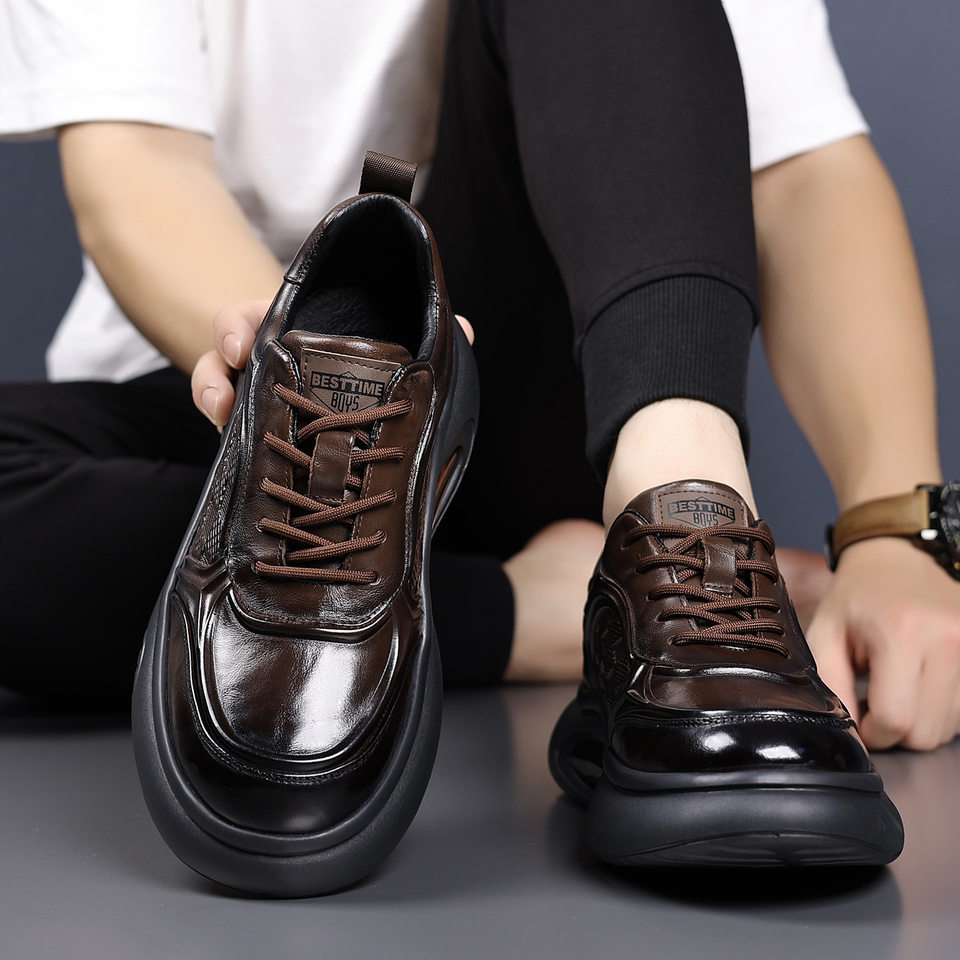 Giày thể thao nam da bò thật đế dày tăng chiều cao, giày sneaker nhẹ thoáng khí gót 3–5 cm — màu nâu, màu đen