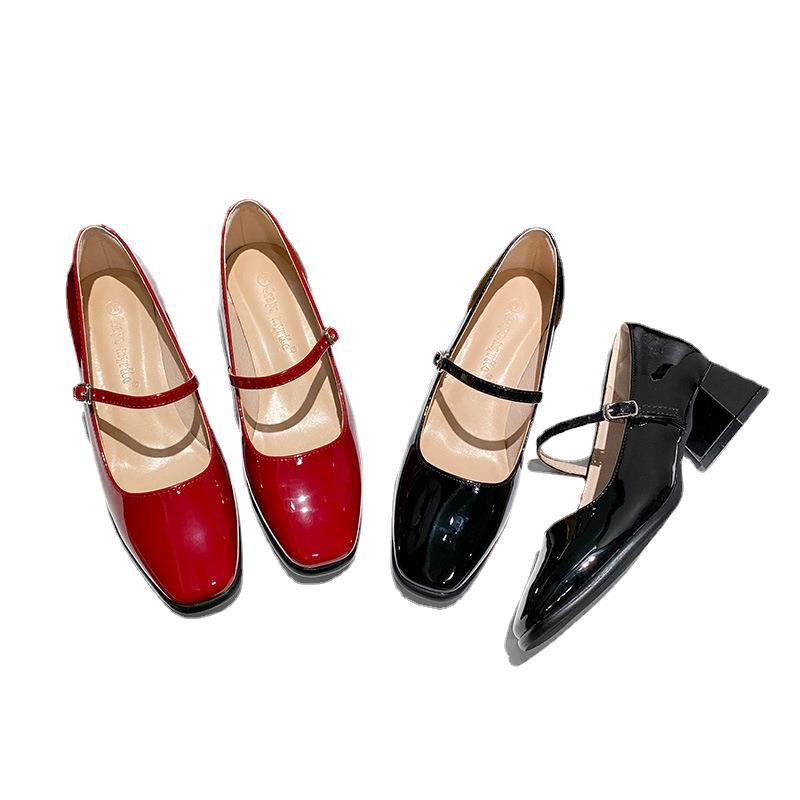 Zapatos individuales de cabeza cuadrada para mujer, charol de tacón grueso con estilo nocturno, estilo francés retro jk Mary Jane zapatos de cuero para mujer 6165