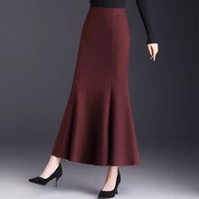 毛呢安哥拉红鱼尾裙秋冬女新款高腰显瘦加厚冬季休闲裙半身裙冬裙
