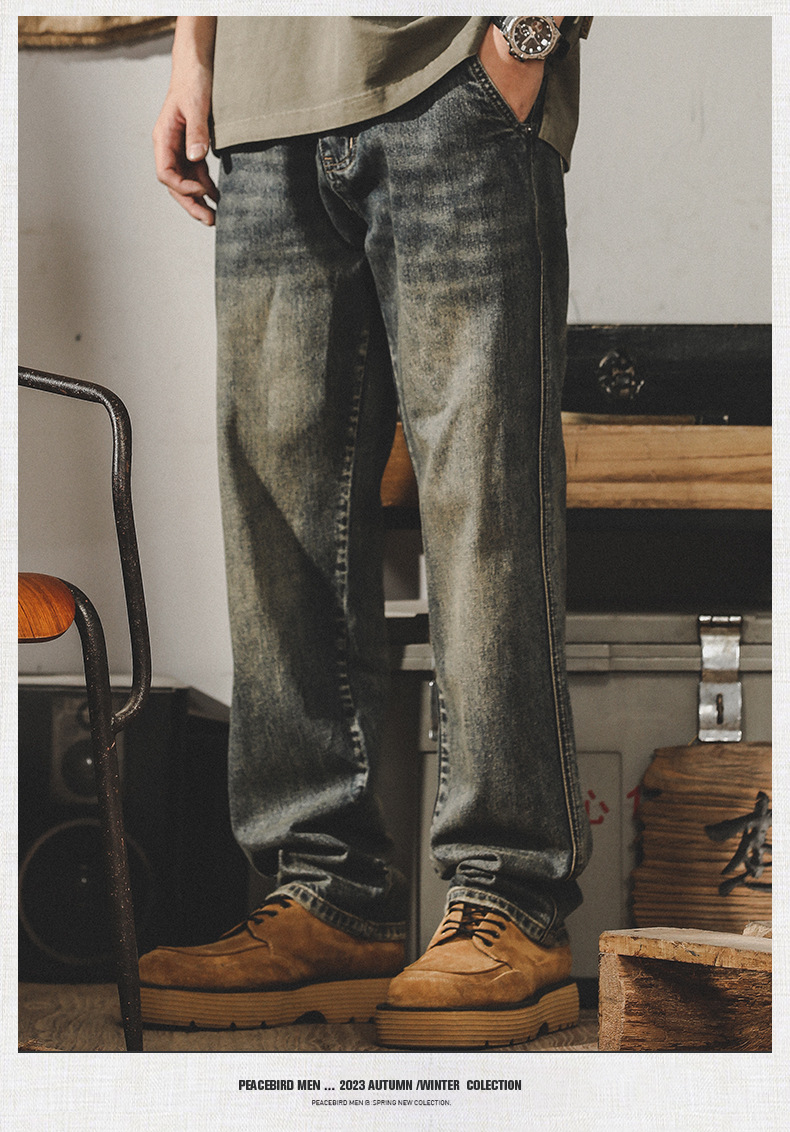 American Classic Retro Jeans Men's Loose Straight Tube Yellow Mud Dyed Old Pants Men's Spring And Autumn Models_viptrois.com