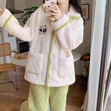冬季加絨加厚法蘭絨保暖家居服套裝 批發少女卡通熊貓珊瑚絨睡衣