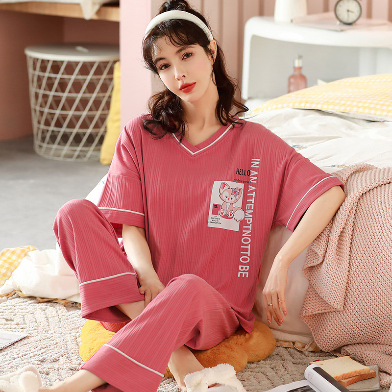 Pajamas Women's Summer Cotton Short-sleeved Thin Suit Plus Size Fat mm200 Jin Cute Cartoon Loose Home Clothes