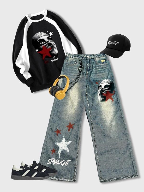 H 94060 Printed American Style Wide Leg Jeans