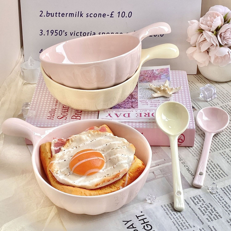 奶油色餐具陶瓷手柄勺家用耐高温一人食奶油泡面饭碗菜盘子|undefined