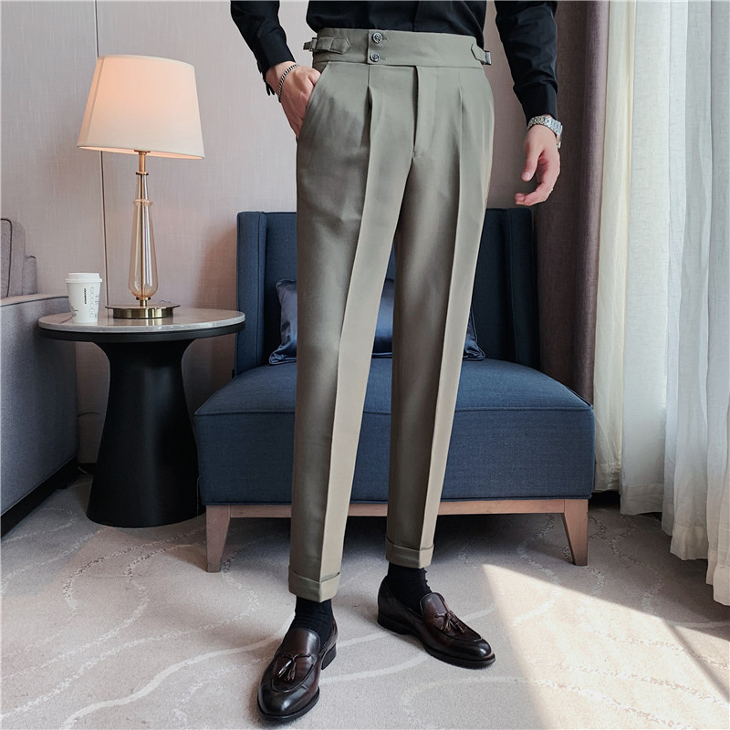 Pantalones de traje de los hombres naples italianos pantalones de cintura alta pantalones de los hombres de otoño e invierno teñido de hilo oscuro a rayas de calidad pantalones casuales