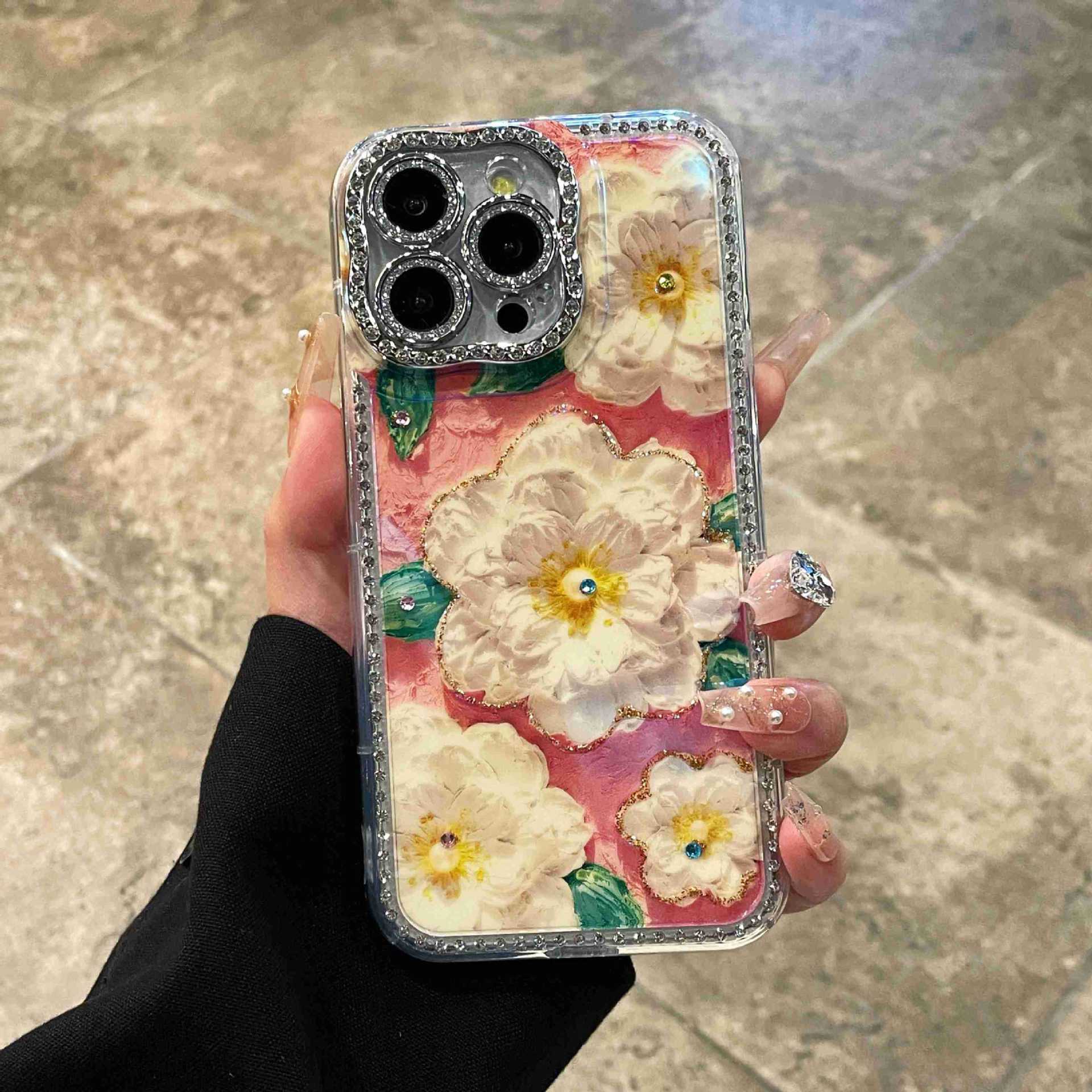 Pintura al óleo retro Flor de brillo 16ProMax Diamante 14 Funda para teléfono móvil Apple 15 Nuevo estilo 13 Blu-ray 16 Mujer