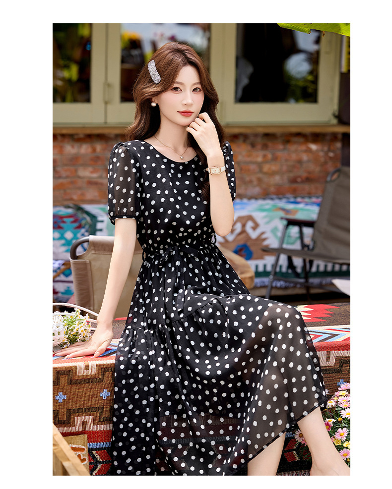 Đầm maxi nữ thắt eo chấm bi tay ngắn phong cách thời trang — màu đen, màu trắng chi tiết 14