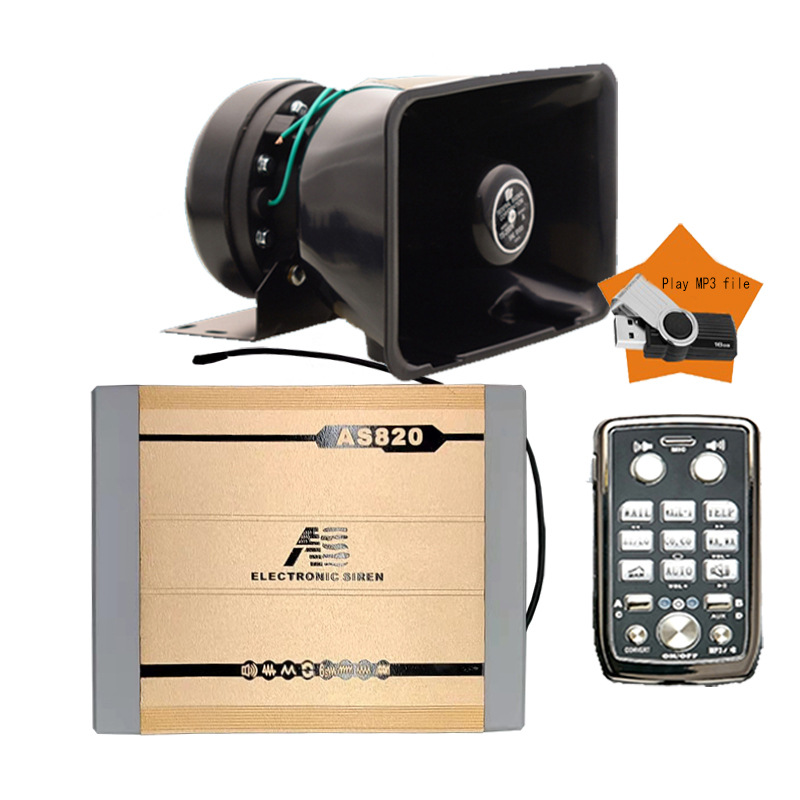 Car-mounted wireless MP3 siren and voice announcement system, 12V high-power alarm with a high-pitched speaker, model AS820P5+100C