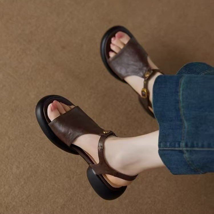 French Retro Style Open-Toe Thick-Soled Chunky Heel Sandals for Women, Summer Outdoor Wear, Stylish and Versatile Roman Shoes