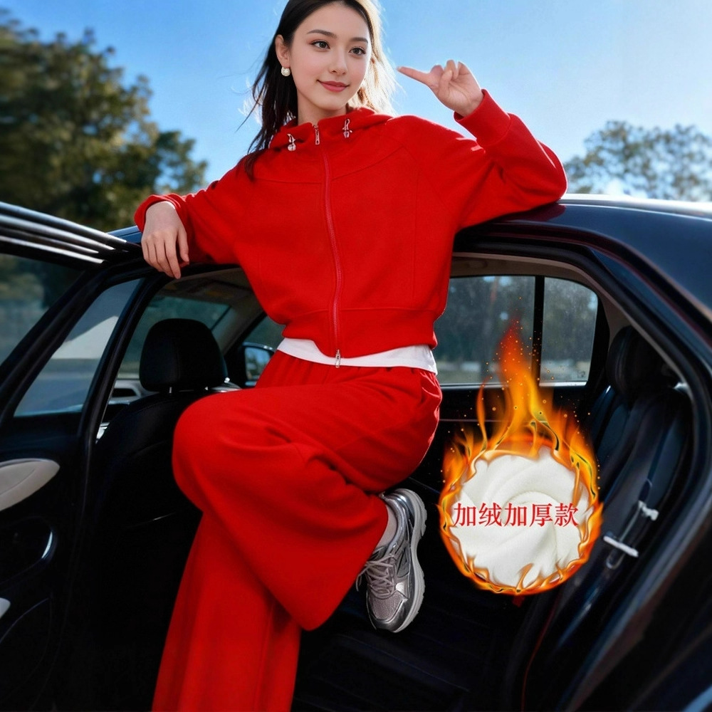 Korean Red Sports and Leisure Suit for Women in Autumn and Winter, Warm Fleece-Lined Sweatshirt and Sweatpants Two-Piece Set, Slimming Look and Age-Reducing Women's Clothing