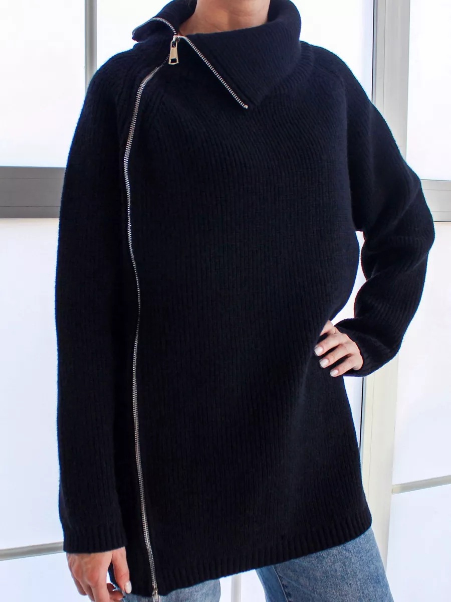 Pull tricoté sexy à col haut et fermeture éclair de style paresseux, haut chaud à manches longues et ample pour vêtements d'extérieur, tendance et épais_voghion.com