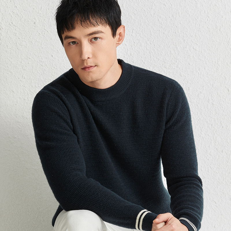 Knitted winter solid color woolen sweater with a round collar