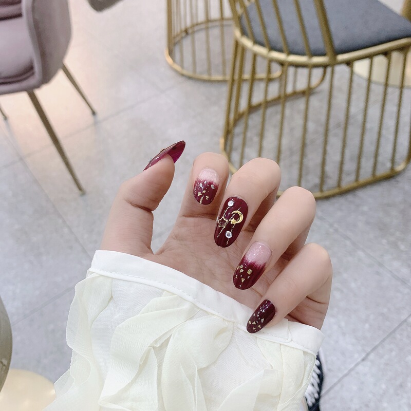 Star and Moon Wine Red Gradient Wearable Nail Finished Fake Nail Manicure Patch Waterproof Removable Nail Patch Adult Nail Patch