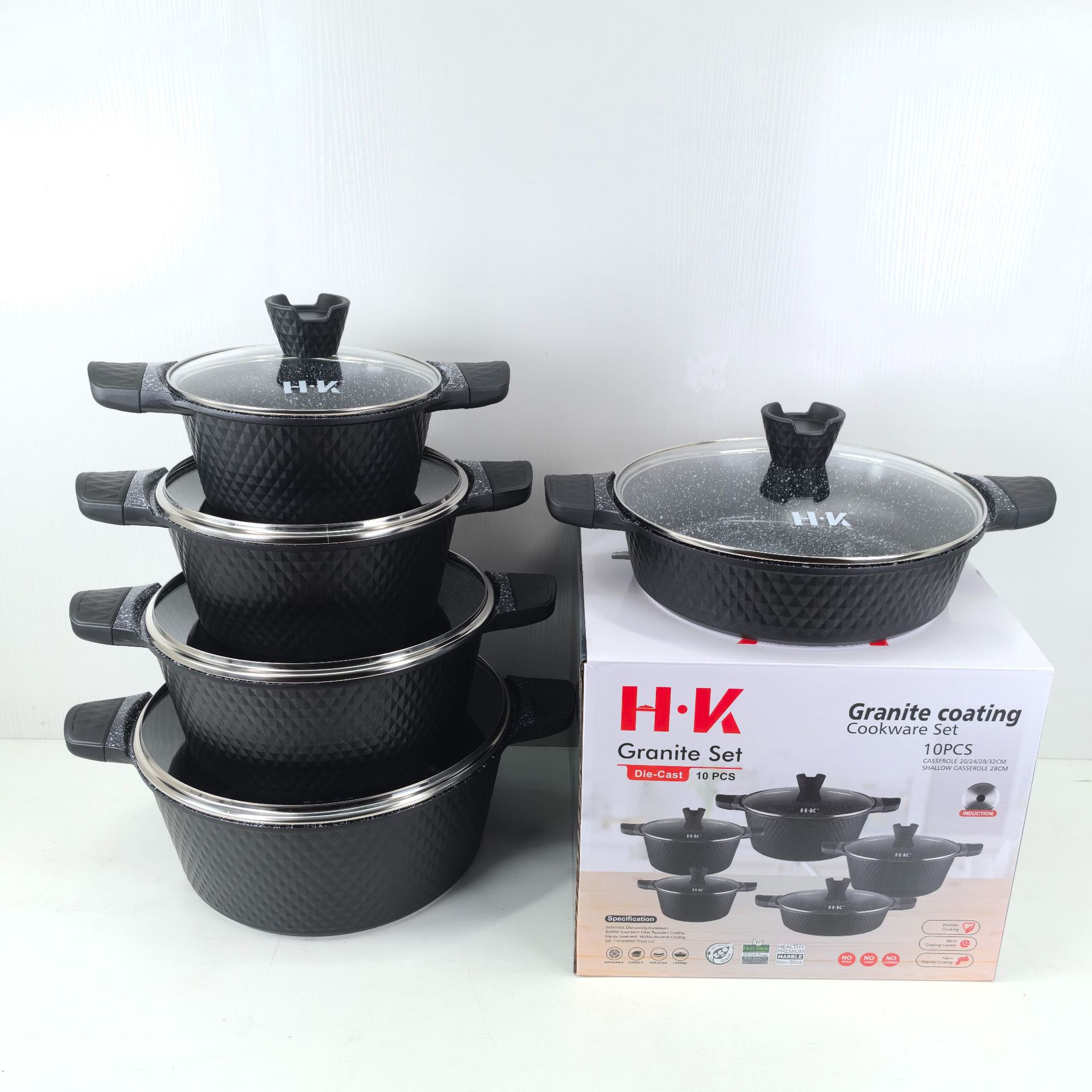 Juego de 10 piezas de utensilios de cocina antiadherentes de mármol con un pequeño patrón de diamantes, juego de ollas de aluminio con revestimiento de piedra Maifan, olla de fundición a presión para cocina de inducción. image 3