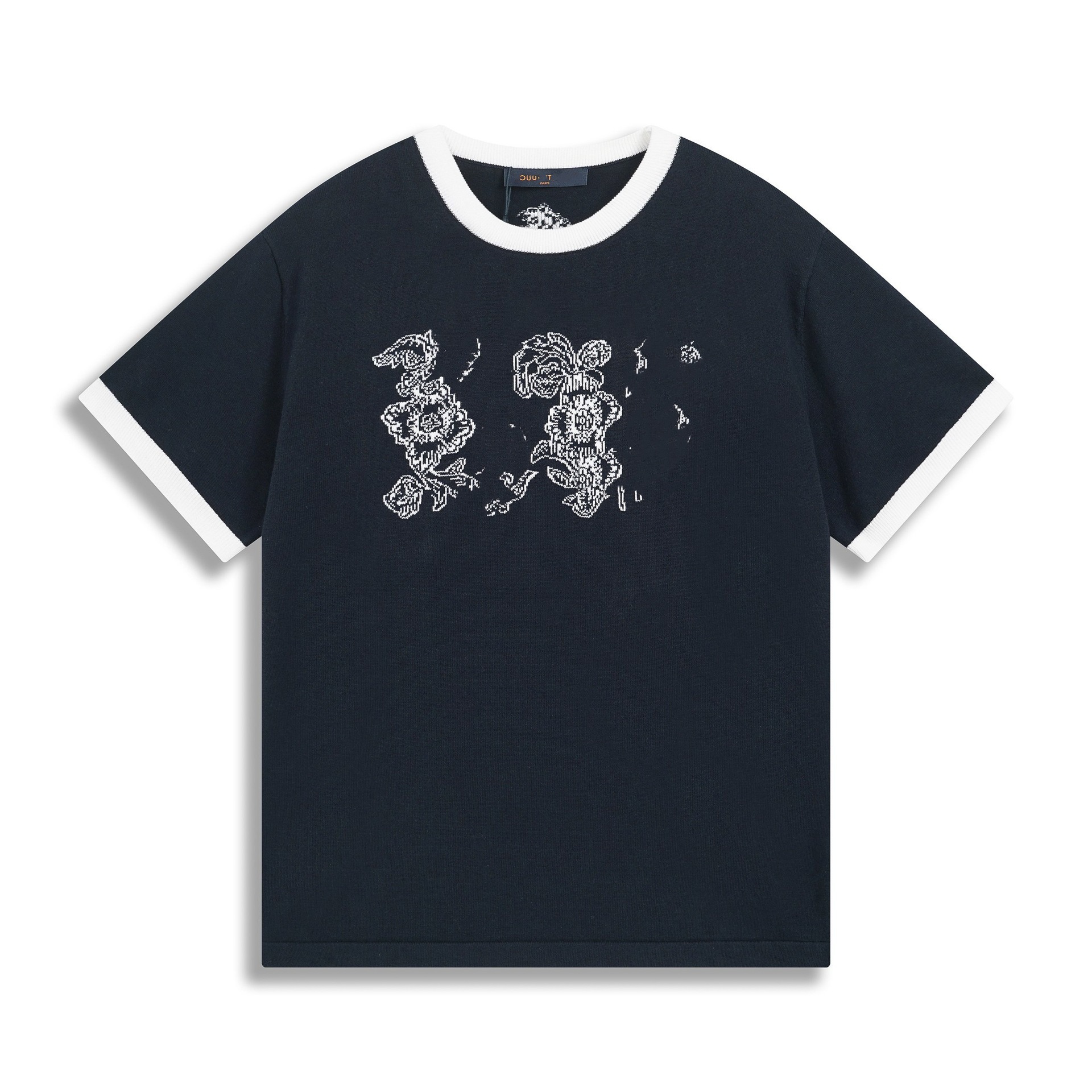 T-shirt de punto de alta versión de burro 2025 nuevo tablero de ajedrez letras jacquard casual suelta hombre y mujer mangas cortas