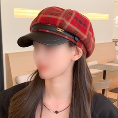 2024韩版格子八角帽贝雷帽子女春秋季报童帽网红时尚鸭舌帽画家帽