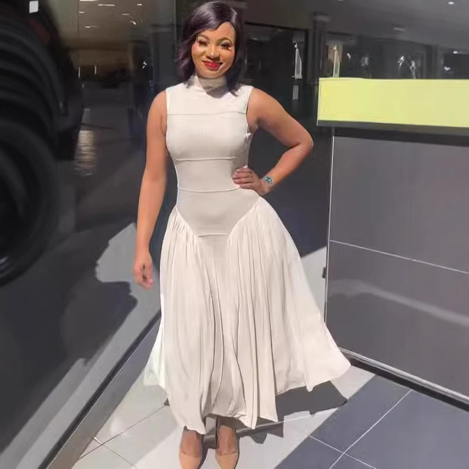 African Cross-border 2025 Summer New Style Foreign Trade Temperament dress High Neck Sleeveless Slim-fit Stitching Long Dress