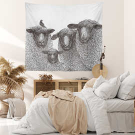 跨境专供黑白手绘绵羊印花挂毯 装饰背景布