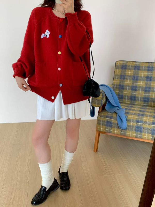 甜美彩扣卡通小狗刺绣针织开衫女2025秋冬新款宽松灯笼袖毛衣外套|undefined