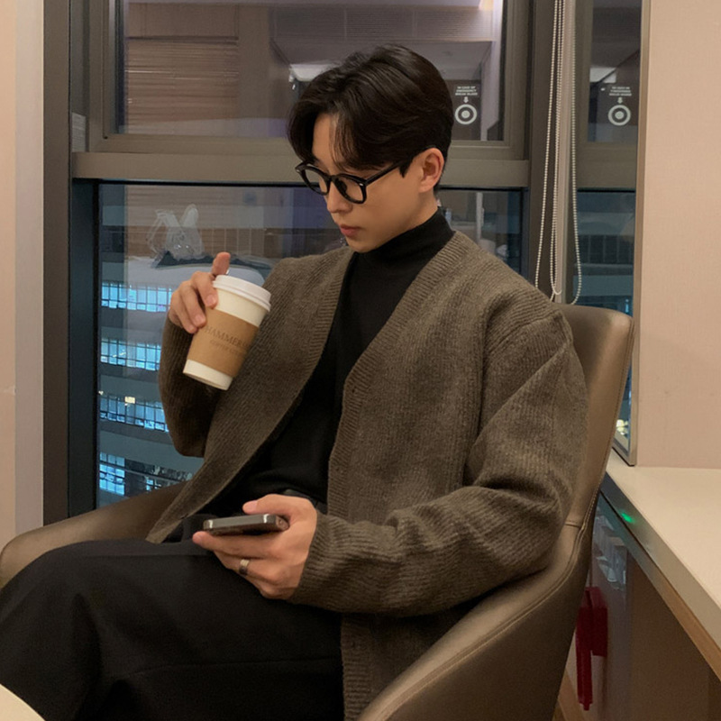 Dark Brown V Neck Sweater Men's Korean Style Knitted Cardigan Loose Light Mature Style Jacket Autumn and Winter Casual Top