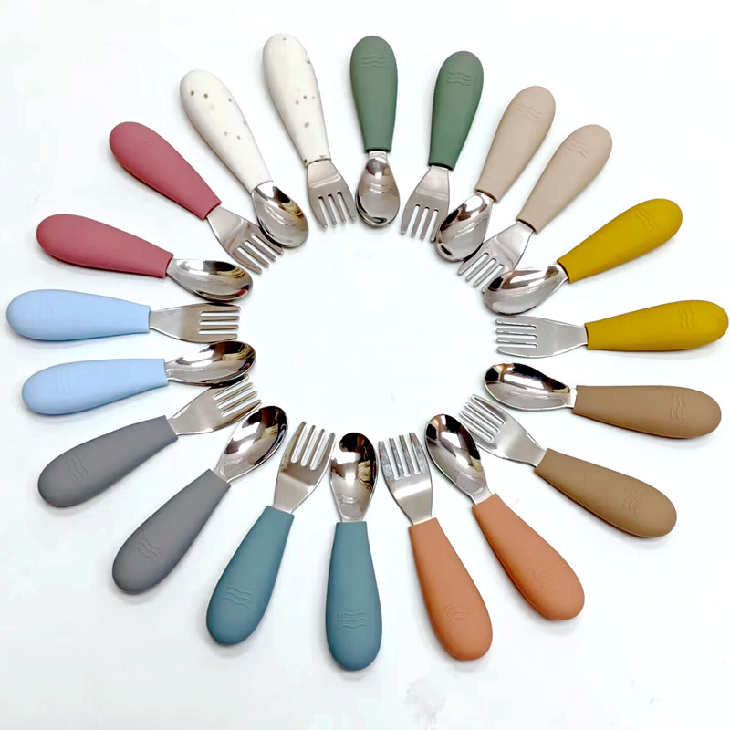 Baby silicone spoon baby children eating silicone short handle spoon stainless steel fork spoon cartoon food supplement spoon