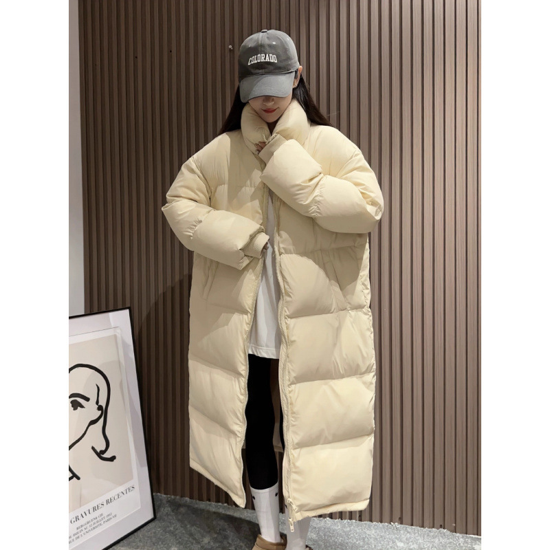 Stand Collar Long White Duck down Jacket for Women, Over-The-Knee Thickened Puffer Coat, Korean Style, Loose and Warm for Winter