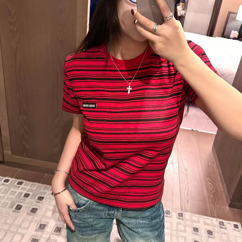Mm Series 25 Early Spring Simple Versatile Brown Striped Round Neck Short-Sleeve T-Shirt for Women, Slim Fit Top, Trendy Brand, Artistic Style