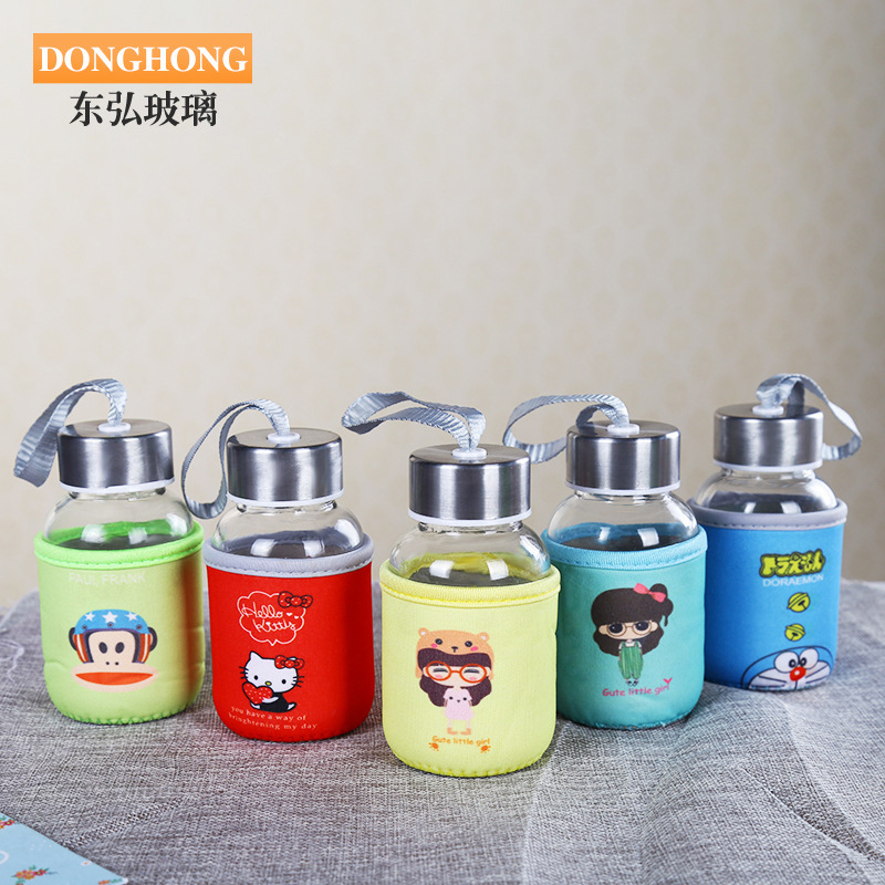 創意透明玻璃杯卡通布套手提隨手杯定制logo廣告杯子廠家批發