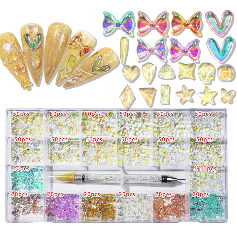 Transfronterizos 21 caja de diamante de agua de forma especial de fondo plano conjunto de joyería de uñas conjunto de pluma de puntuación de doble cabeza