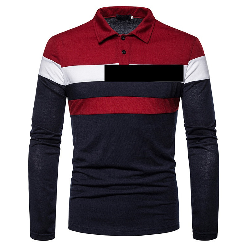 Men's Polo Shirt Long Sleeved Colour Block Casual Lapel Top_voghion.com