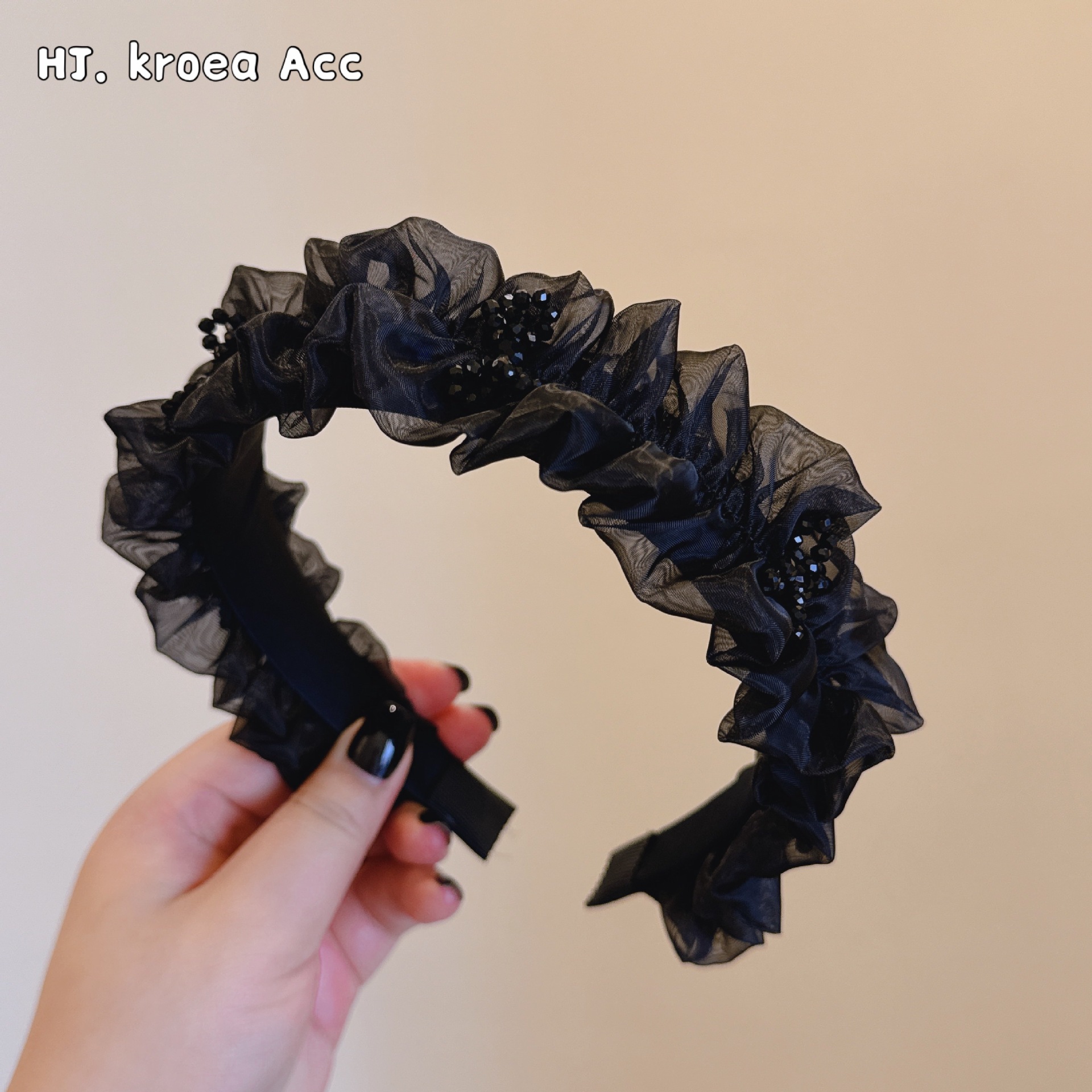 網紅直播～歐根紗黑色水晶蝴蝶結百搭高露頂減齡發箍赫本風頭箍女