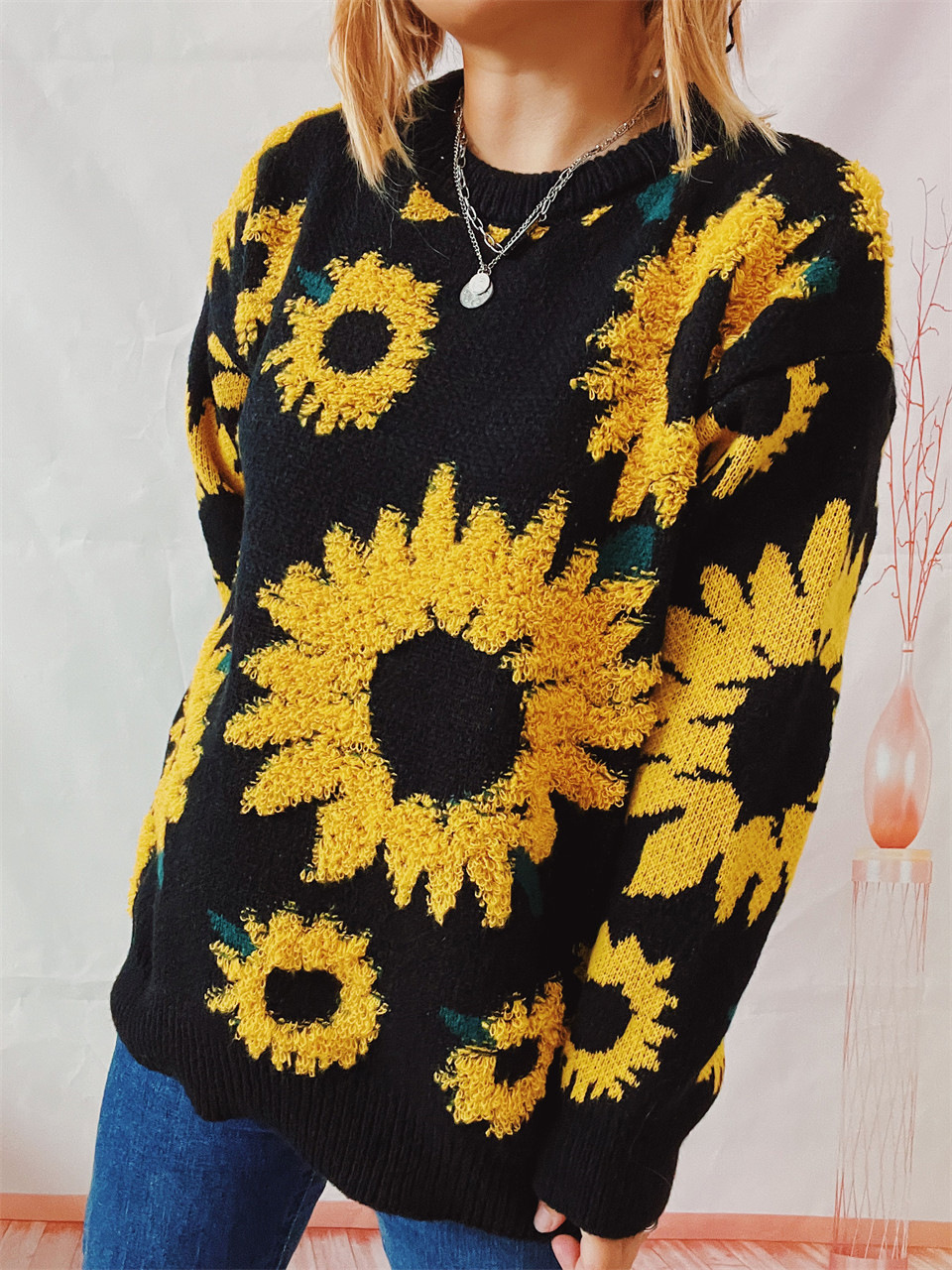 Women's Sunflower Jacquard Knitted Pullover Sweater For Winter_voghion.com