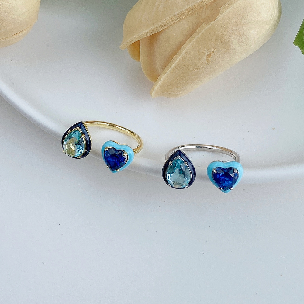 Fashion Water Droplets Heart Shape Sterling Silver Plating Inlay Zircon Open Ring 1 Piece