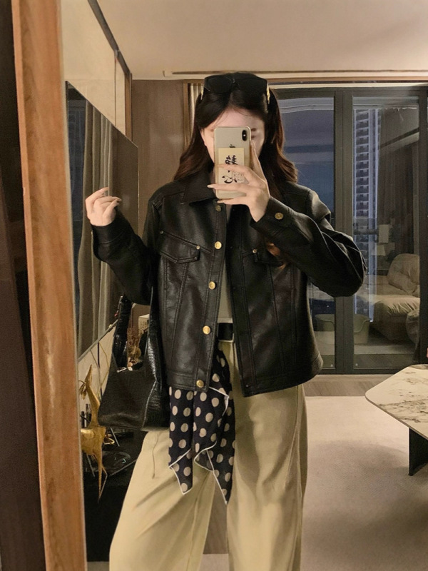 韩版翻领皮衣短款外套女2025秋季新款感气质显瘦休闲夹克上衣|undefined